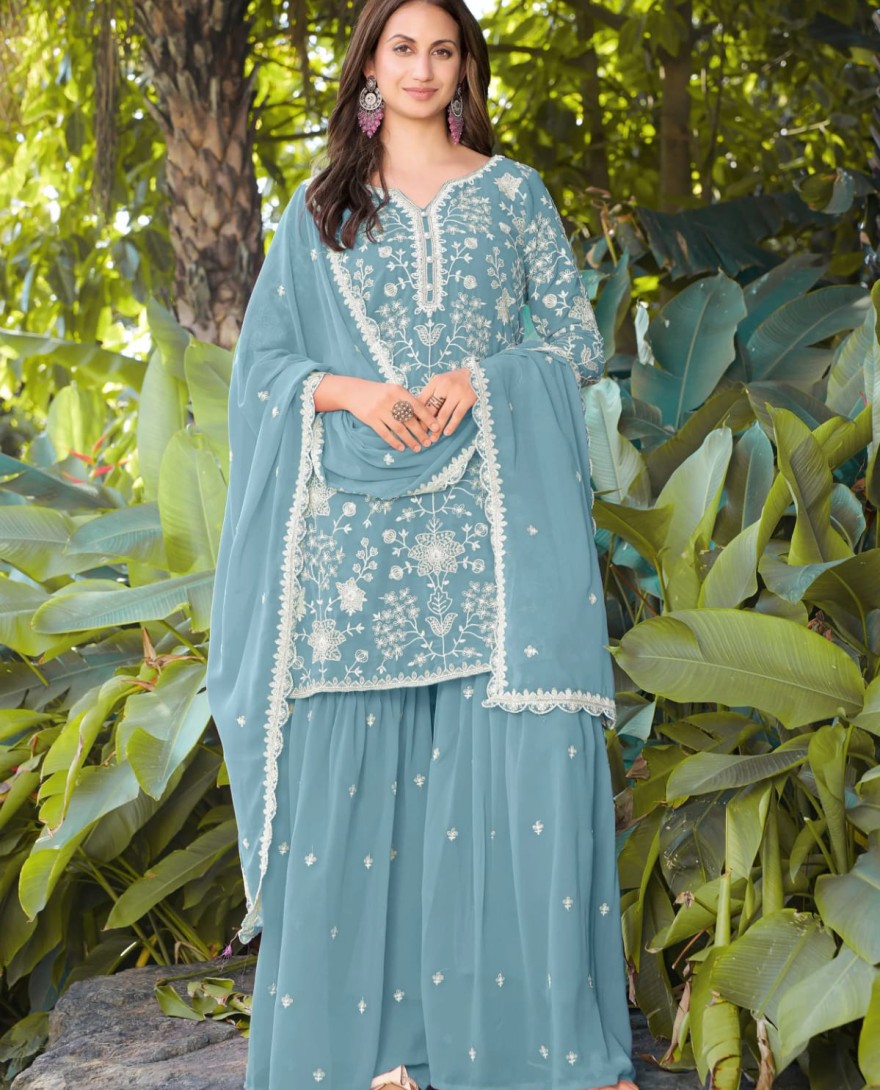 BLUE - Elegant Sky Blue Heavy Embroidery Georgette Designer Palazzo Suit